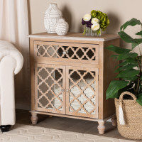 Baxton Studio JY17A041-Natural Brown/Silver-Cabinet Leah Glam Farmhouse Rustic Oak Brown Finished Wood and Mirrored 1-Drawer Quatrefoil Storage Cabinet